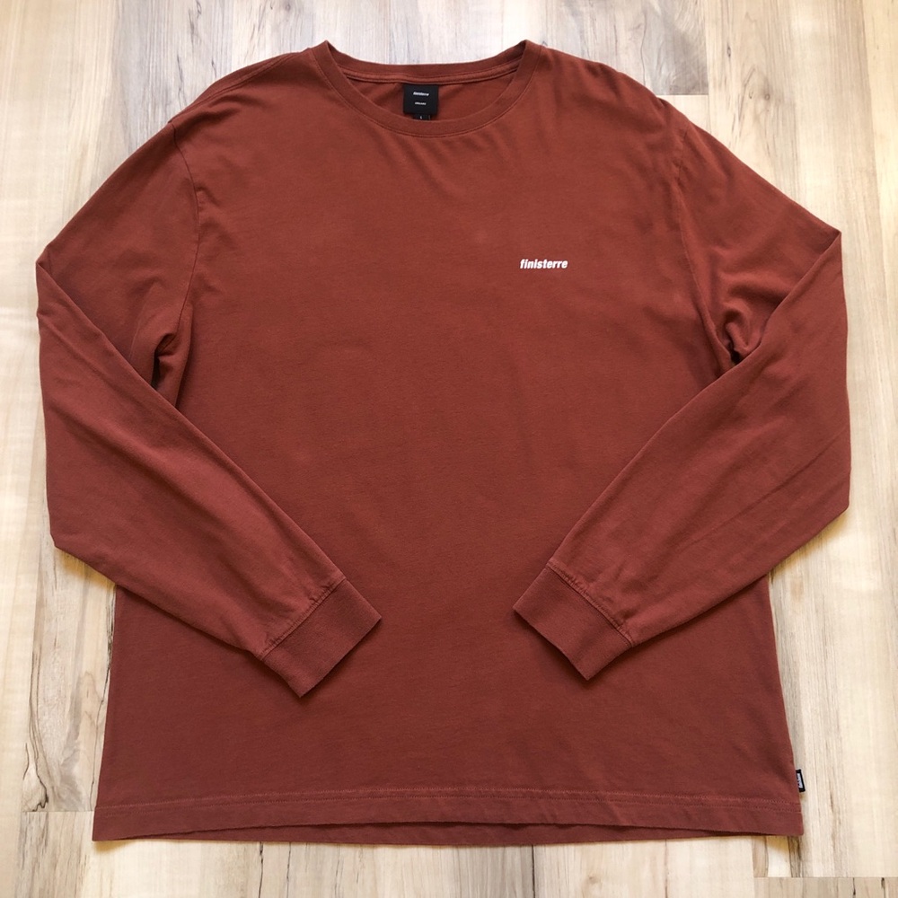 Finisterre Mens L Organic Cotton Long Sleeve T Shirt Rust Logo Surf Outdoor Tee